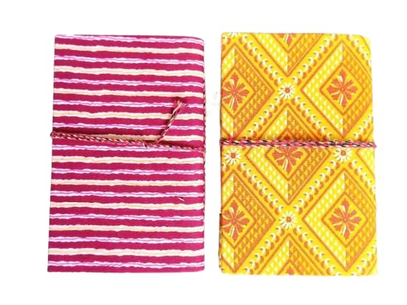 Two line Handmade Fabric Hardcover Diary Notebook A6 | 200 Unruled Thick Pages | Handcrafted Sketchbook Journal with Thread Closure | Portable Travel Diary Gift for Writing, Drawing, Artists, Students