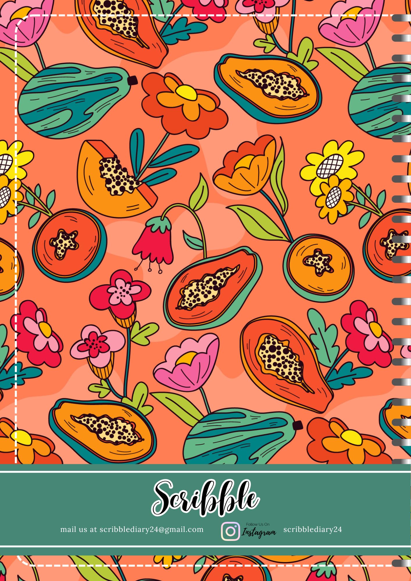 Handcrafted Cartoon Spiral Bound Doodle Diary Journal Gift Sketch Book Diaries, 21cm x 15cm A5, 60 Pages, 155gsm, Hard Cover Papaya Print, Thick Cartridge Paper