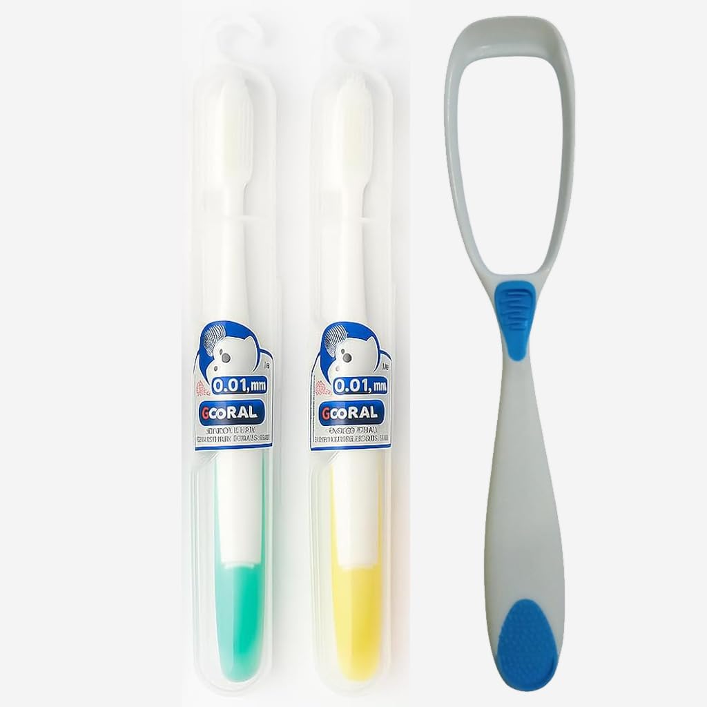 Combo Pack of 2 Oral Care Extra Soft Silicone Toothbrush (0.01mm Bristles, 2600+ Ultra-Soft Bristles, Gentle Gum Care, Safety Case) with 1 Tongue Cleaner for Oral Hygiene care
