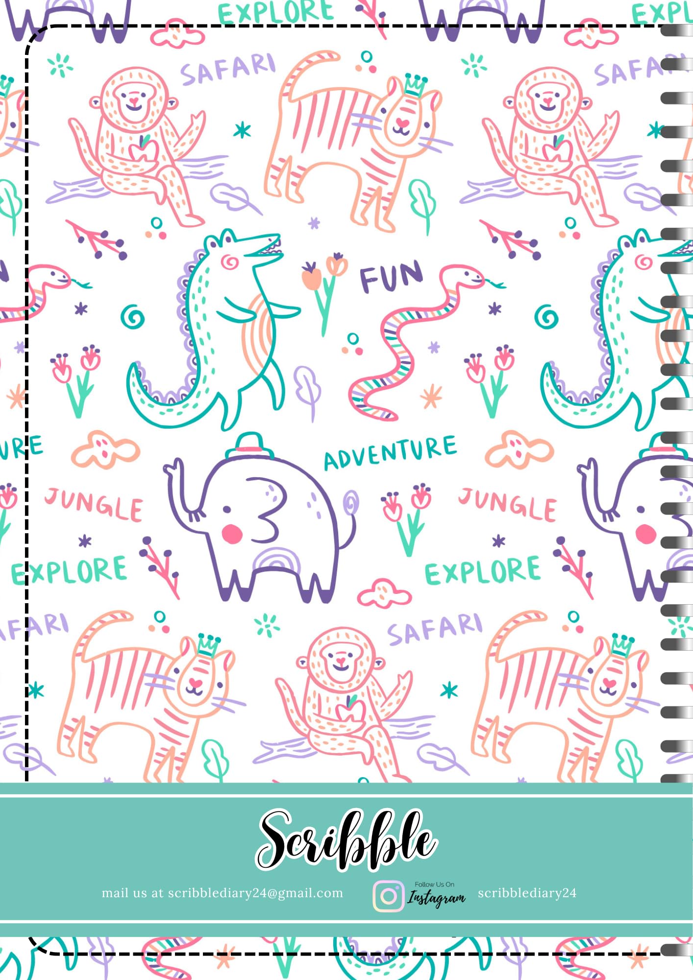 Handcrafted Cartoon Spiral Bound Doodle Diary Journal Gift Sketch Book Diaries, 21cm x 15cm A5, 60 Pages, 155gsm, Hard Cover Crocodile And Elephant Print, Thick Cartridge Paper