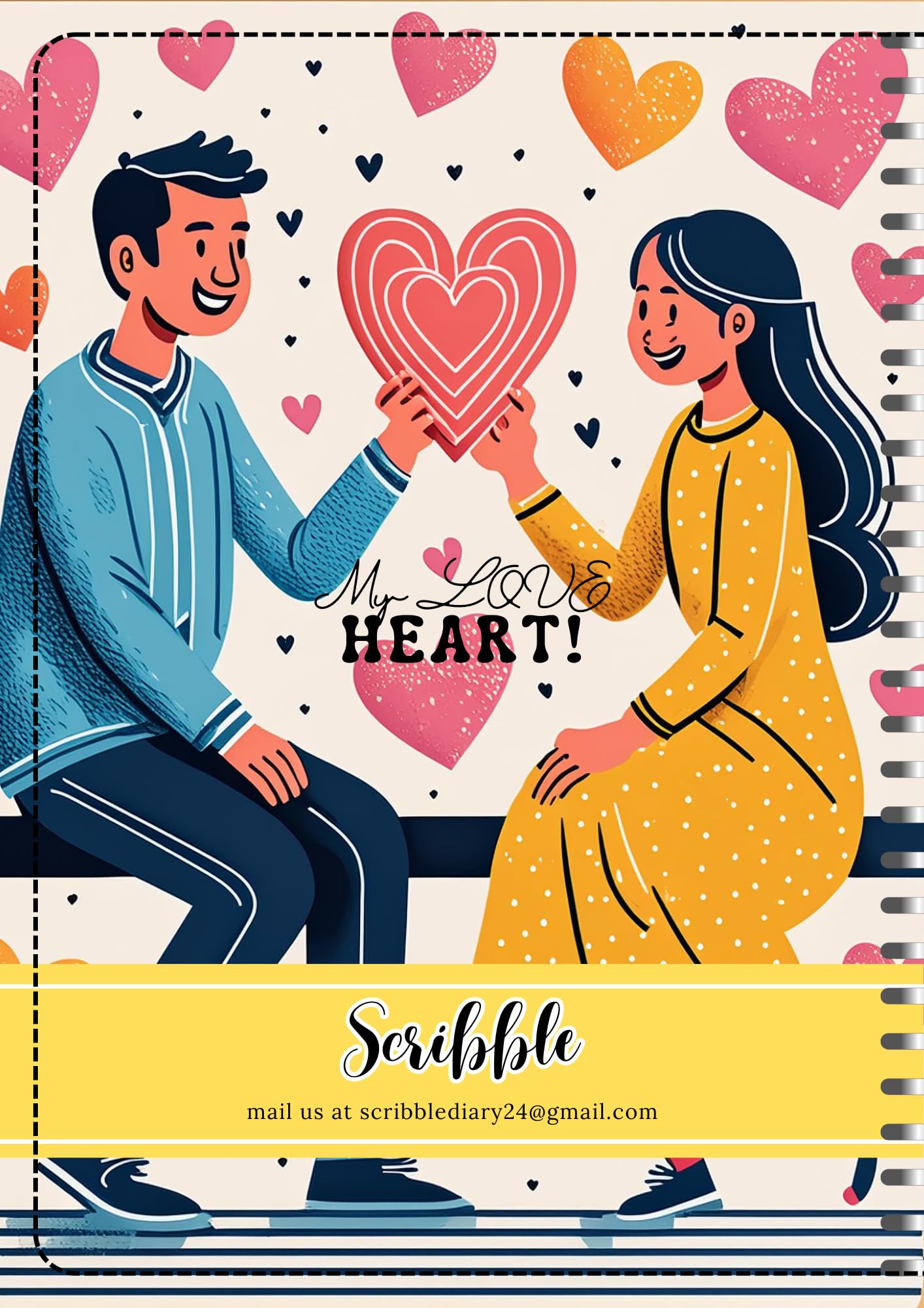 Valentine Day Wiro Bound Cartridge Paper Doodle Diary Journal Gift for girlfriend Sketch Book Diaries, 21cm x 15cm, 60 Pages, 155gsm, Hard Cover Handcrafted love illustration