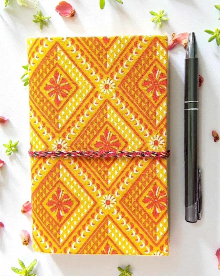 Two line Handmade Fabric Hardcover Diary Notebook A6 | 200 Unruled Thick Pages | Handcrafted Sketchbook Journal with Thread Closure | Portable Travel Diary Gift for Writing, Drawing, Artists, Students