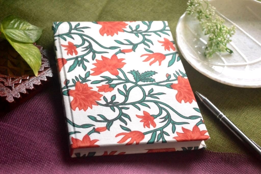 Handmade red flower strip Block-printed Fabric Cover Doodle Diary Journal, 8 x 6 inches, 200 Pages Notebook, 130 GSM, Water-Resistant, Stain-Resistant Hard-Bound