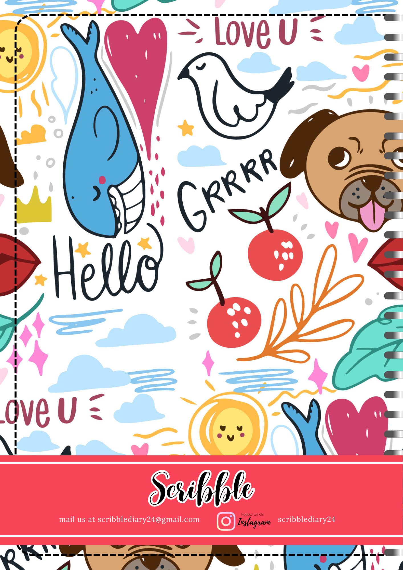 Handcrafted Cartoon Spiral Bound Doodle Diary Journal Gift Sketch Book Diaries, 21cm x 15cm A5, 60 Pages, 155gsm, Hard Cover Dog Print, Thick Cartridge Paper