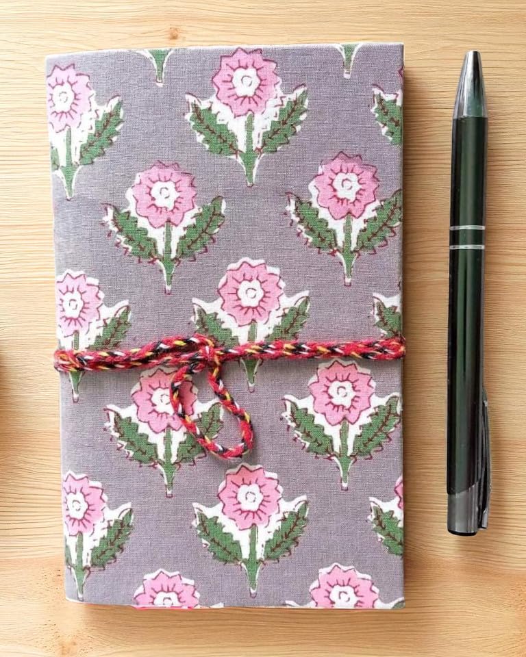 Grey Floral Handmade Fabric Hardcover Diary A6 – 200 Pages, Thread Closure Sketchbook