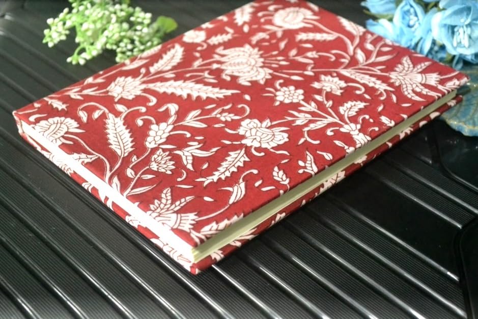 Handmade Red Flower Floral Block-printed Fabric Cover Doodle Diary Journal, 8 x 6 inches, 200 Pages Notebook, 130 GSM, Water-Resistant, Stain-Resistant Hard-Bound