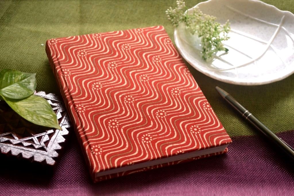 red Handmade Block-printed Fabric Cover Doodle Diary Journal, 8 x 6 inches, 200 Pages Notebook, 130 GSM, Water-Resistant, Stain-Resistant Hard-Bound