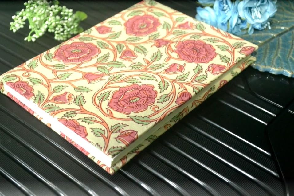 Handmade rose Block-printed Fabric Cover Doodle Diary Journal, 8 x 6 inches, 200 Pages Notebook, 130 GSM, Water-Resistant, Stain-Resistant Hard-Bound