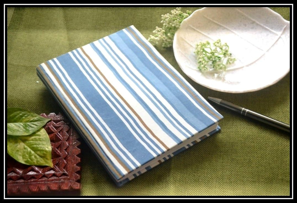 blue Handmade strip Block-printed Fabric Cover Doodle Diary Journal, 8 x 6 inches, 200 Pages Notebook, 130 GSM, Water-Resistant, Stain-Resistant Hard-Bound