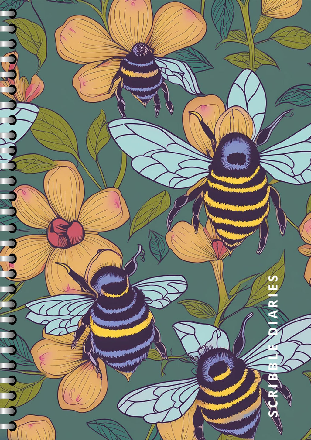 Handcrafted Honey Bee Floral Spiral Bound Cartridge Paper Doodle Diary Gift Sketch Book Doodle Diaries Journal, 21cm x 15cm, 60 Pages, 155gsm, Hard Cover