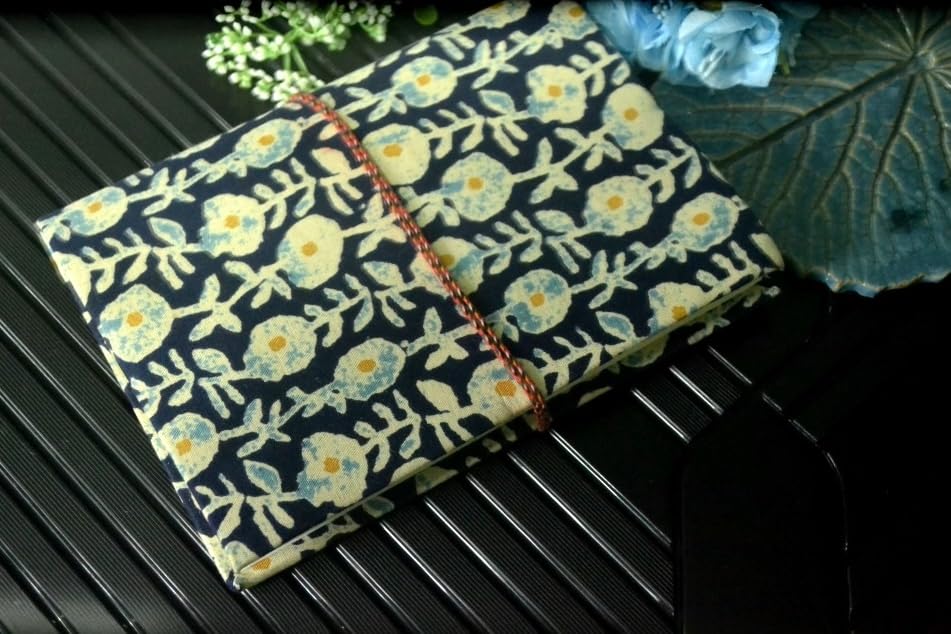 Dark Blue Flower Floral Doodle Diary Notebook Fabric Stitched Gift sketchbook journal A5 Diaries Unruled Thick 200 Pages Handcrafted Drawing Book