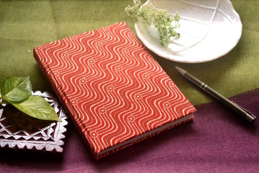 red Handmade Block-printed Fabric Cover Doodle Diary Journal, 8 x 6 inches, 200 Pages Notebook, 130 GSM, Water-Resistant, Stain-Resistant Hard-Bound