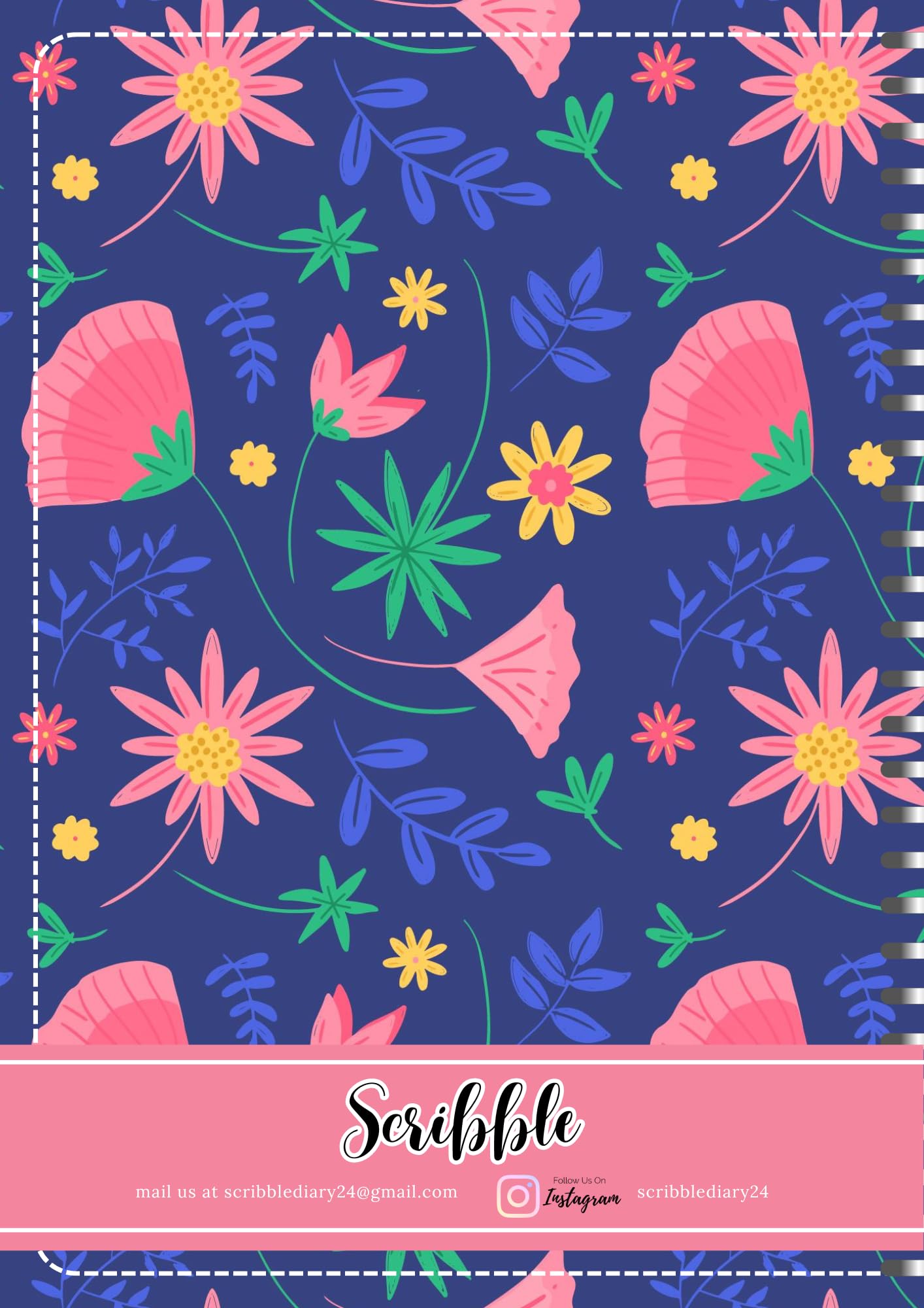 Handcrafted Cartoon Spiral Bound Doodle Diary Journal Gift Sketch Book Diaries, 21cm x 15cm A5, 60 Pages, 155gsm, Hard Cover Flower Print, Thick Cartridge Paper